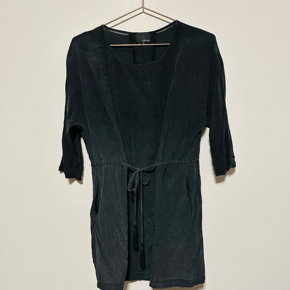 Greylin Dark Blue Cinch Waist Pockets Ribbed Crewneck Midi Dress Size Medium